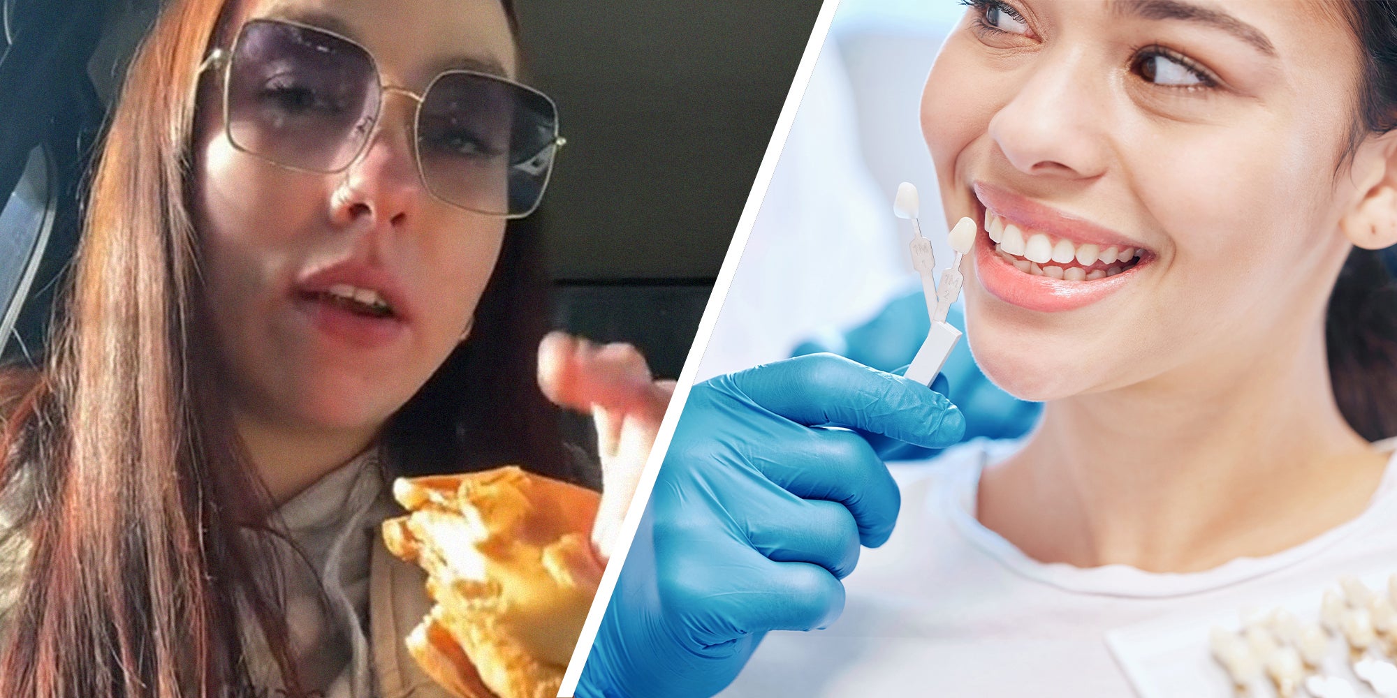 woman holding up burger(l) Woman smiling about to get veneers(r)