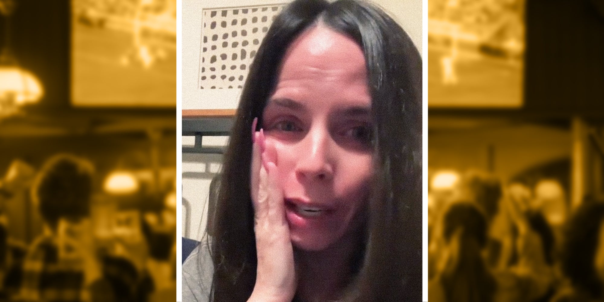 A person explains in front of a background of bar during a sports match