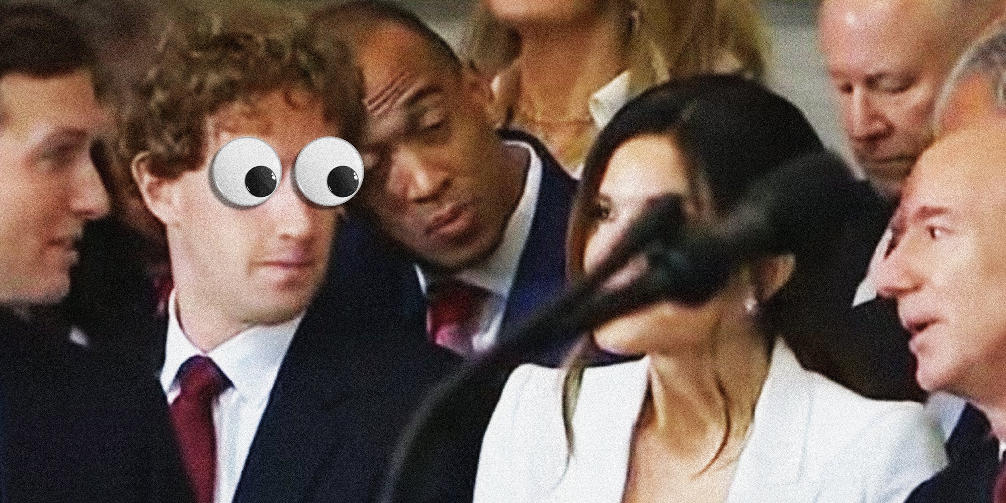 Photo collage of group from the inaguration ceremony. Mark Zuckerberg has googly eyes on his face.