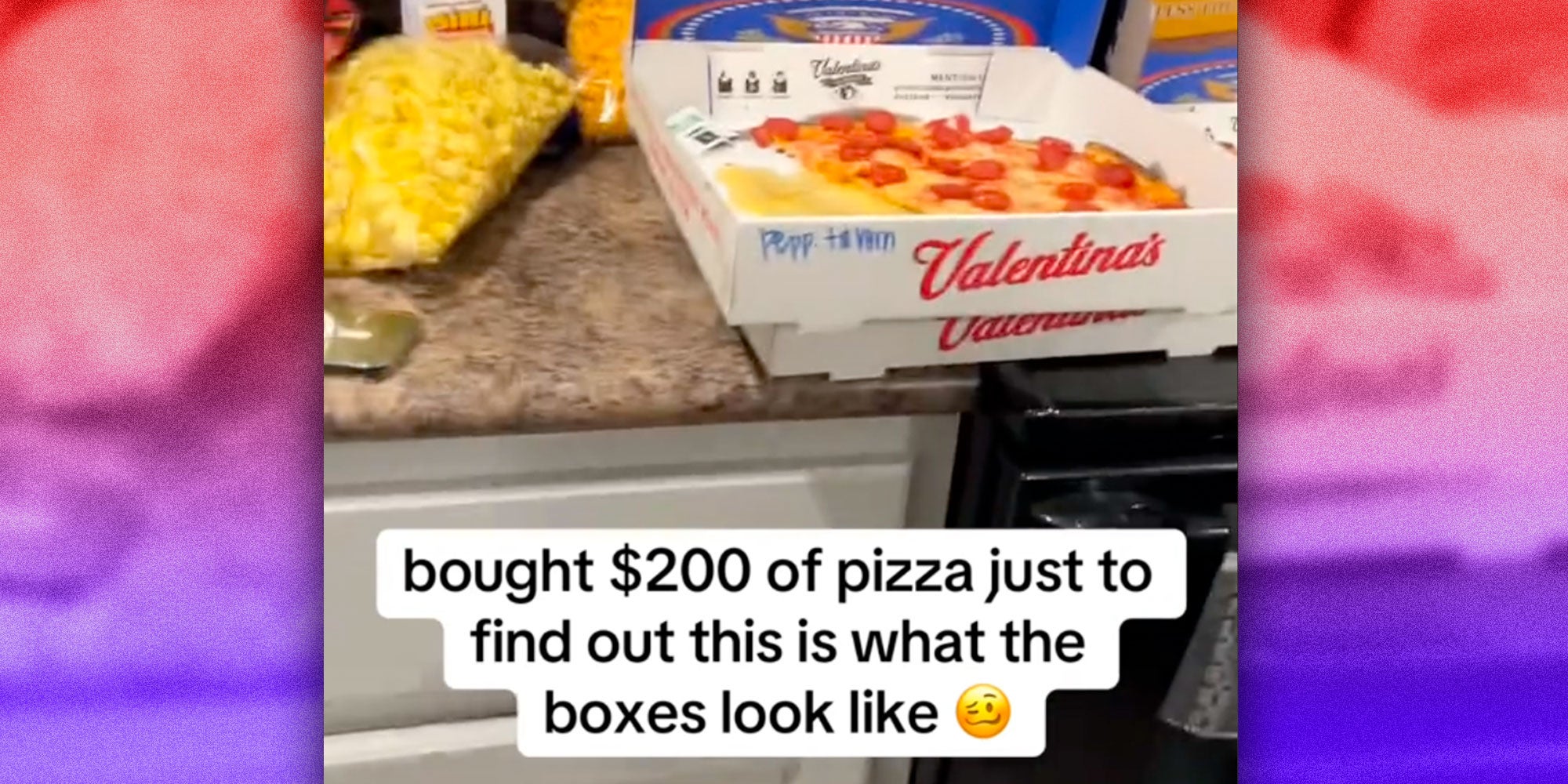 Screenshot from @kaitlinhobbes' Tiktok of a kitchen counter with an open pizza box and the caption 'bought $200 of pizza just to find out this is what the boxes look like'.