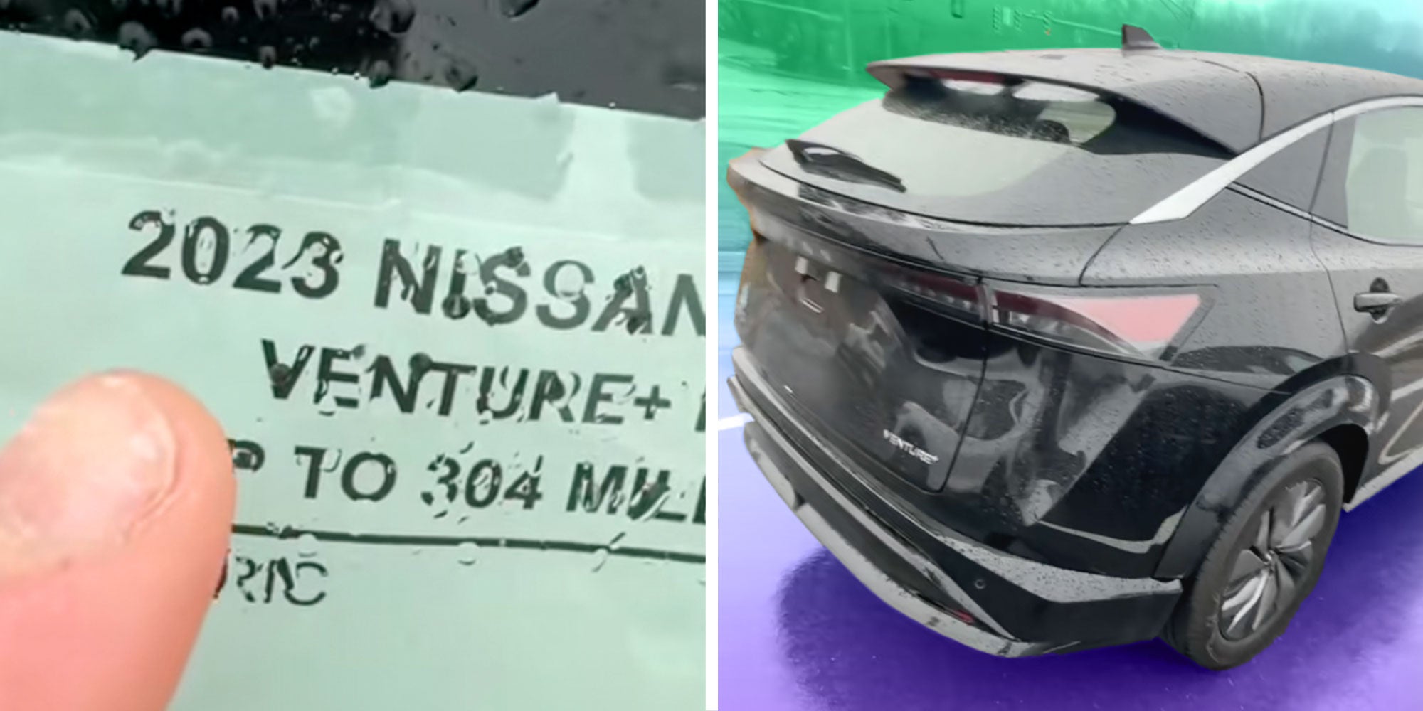 Screenshot from @carsrme's Tiktok of a label that reads '2023 Nissan'; Screenshot from @carsrme Tiktok of the back of a 2023 Nissan.