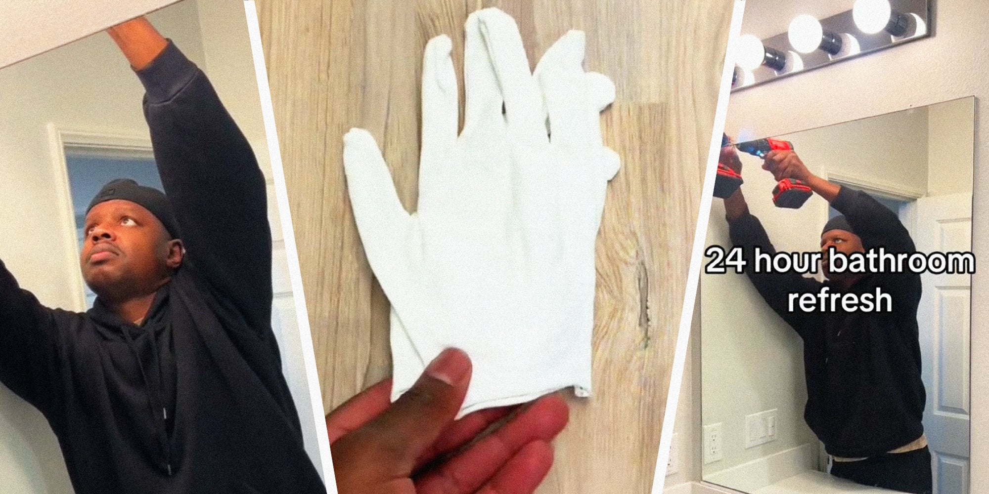 3 panel images showing scenes from a person refreshing their bathroom.