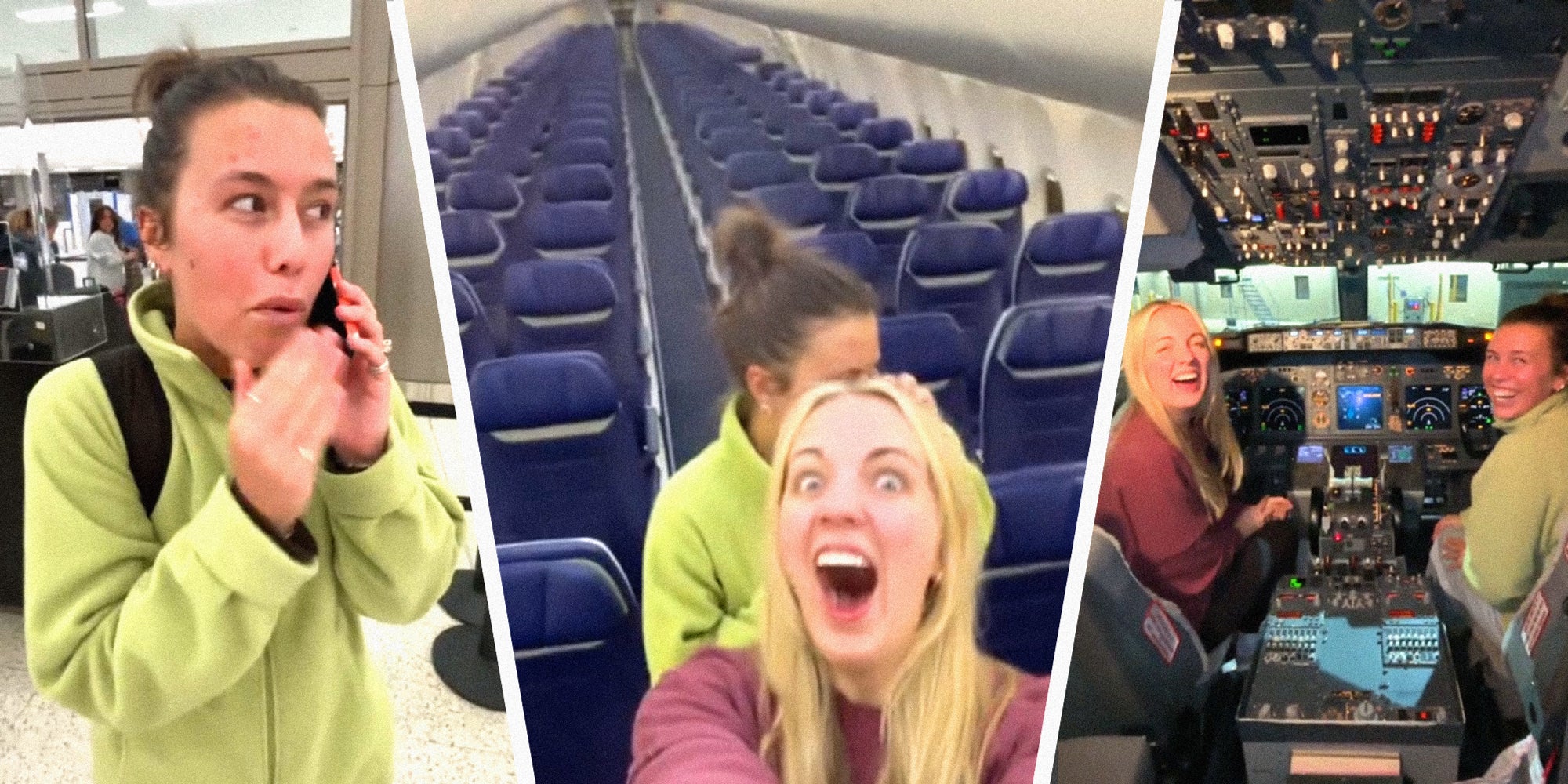 3 panel image: on the left a person talks into their phone, in the middle 2 people stand in the center aisle of a completely empty airplane, and in the right the same 2 people sit in the cockpit of the plane.