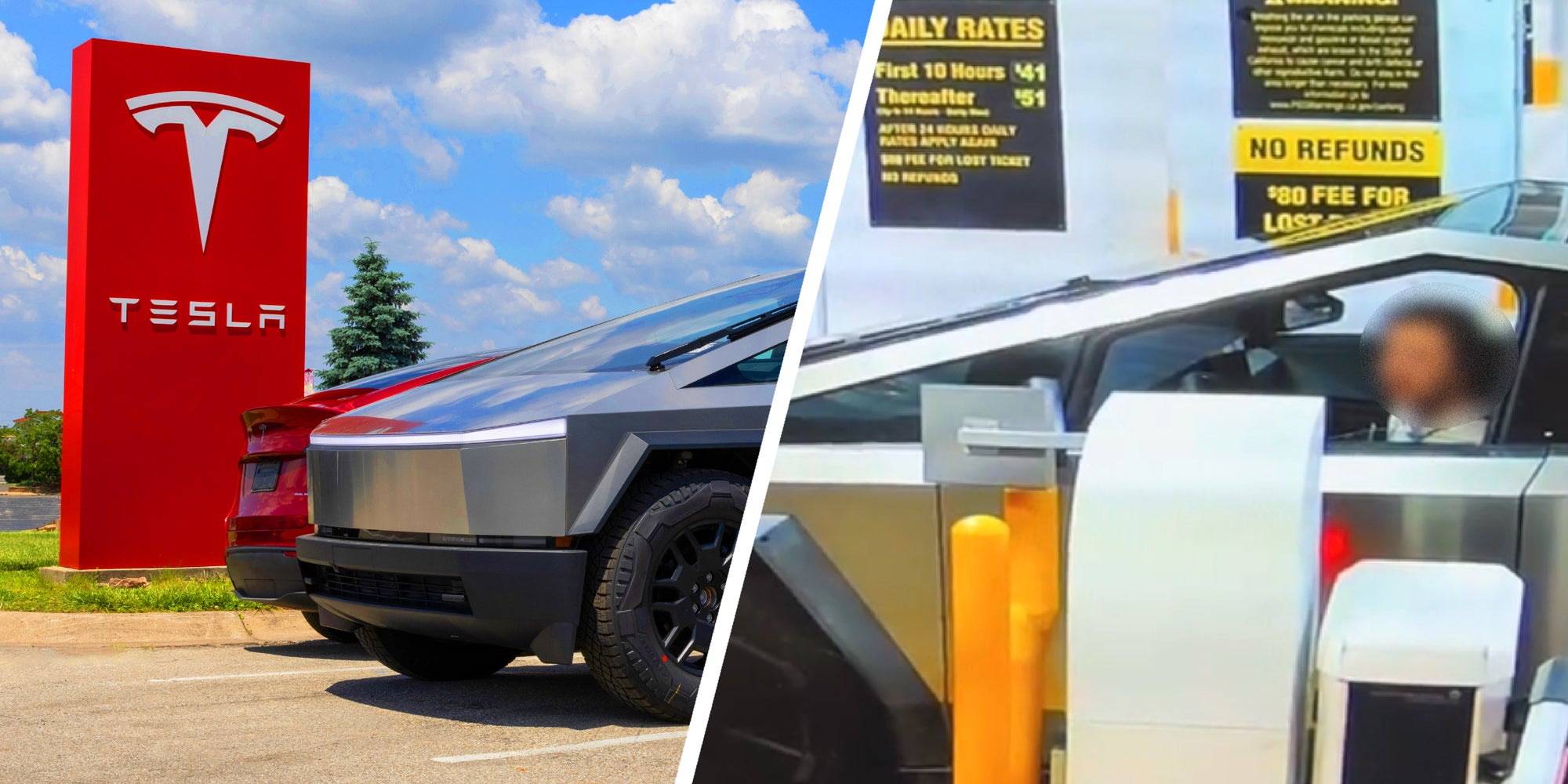 2 panel image: on the left is a Tesla dealership with a cybertruck parked in front, and on the right another cybertruck waits at a parking gate.