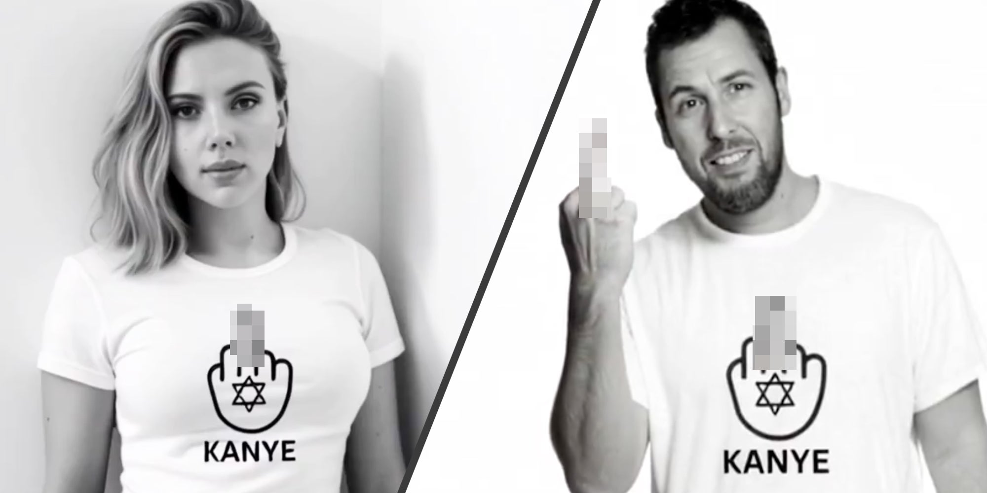Ai Scarlett Johannson(l) and Adam Sandler(r) with blurred out middle finger on hand with jewish star and the name Kanye beneathe it. Adam is also giving a blurred out middle finger.