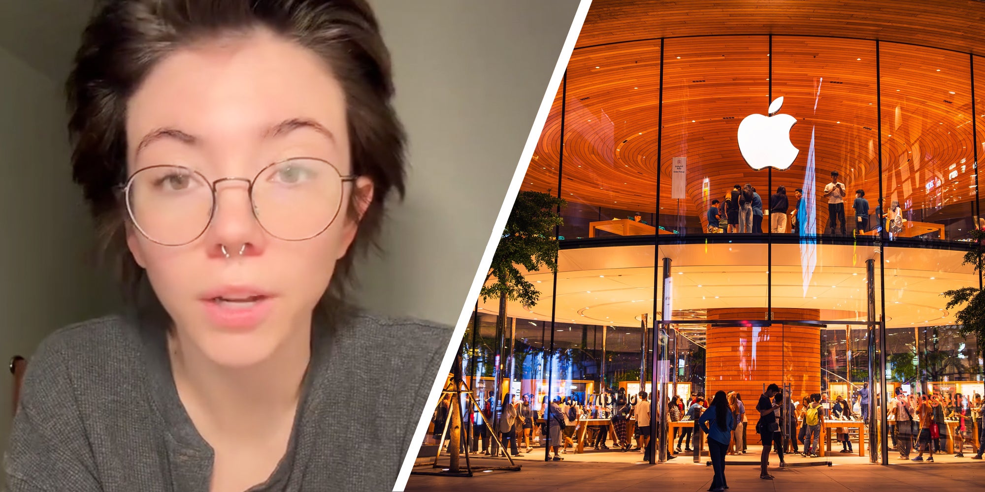 Person talking(l), Apple store exterior(r)