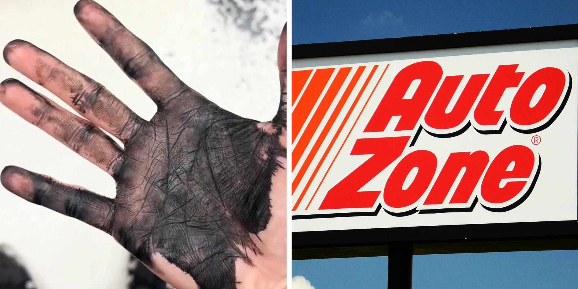 Hand covered in paint(L), Auto zone sign(r)