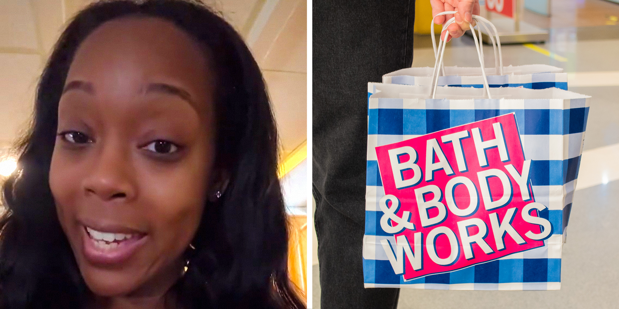 Split Image. Woman explaining her experiences at Bath and Body Works on left. Bath and Body Works shopping bag in someone's hand on right.