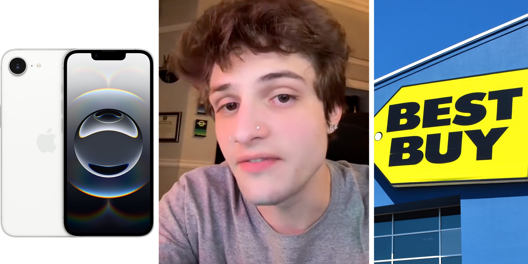 Iphone 16e(l), Man talking(c), Best Buy(r)