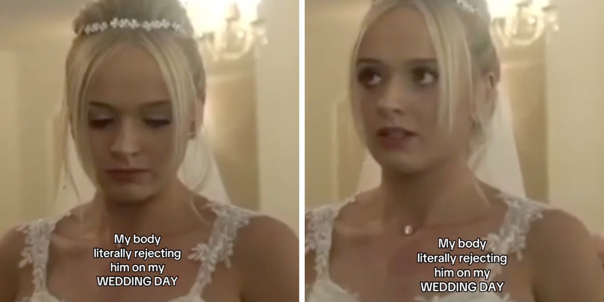 Bride looking scared in two split with text 'my body literally rejecting him on my wedding day'