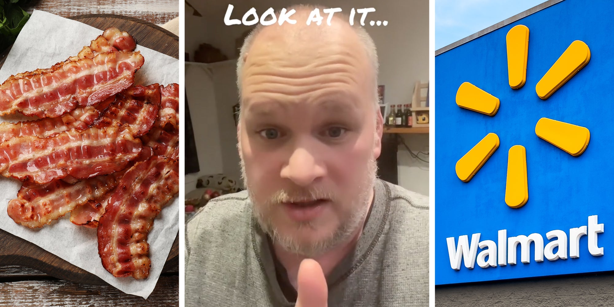Cooked Bacon(l), Man talking(c), Walmart sign(r)