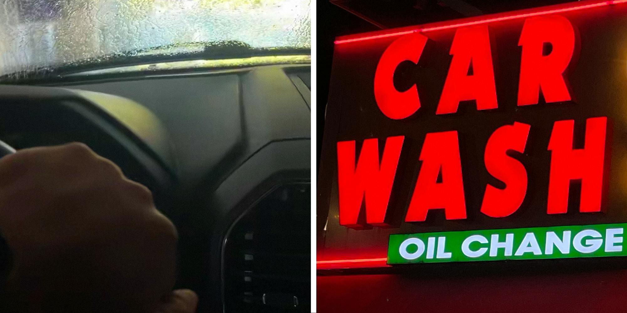 Split image. Someone in car going through drive through car wash on left. Sign that says "Car Wash" on right.