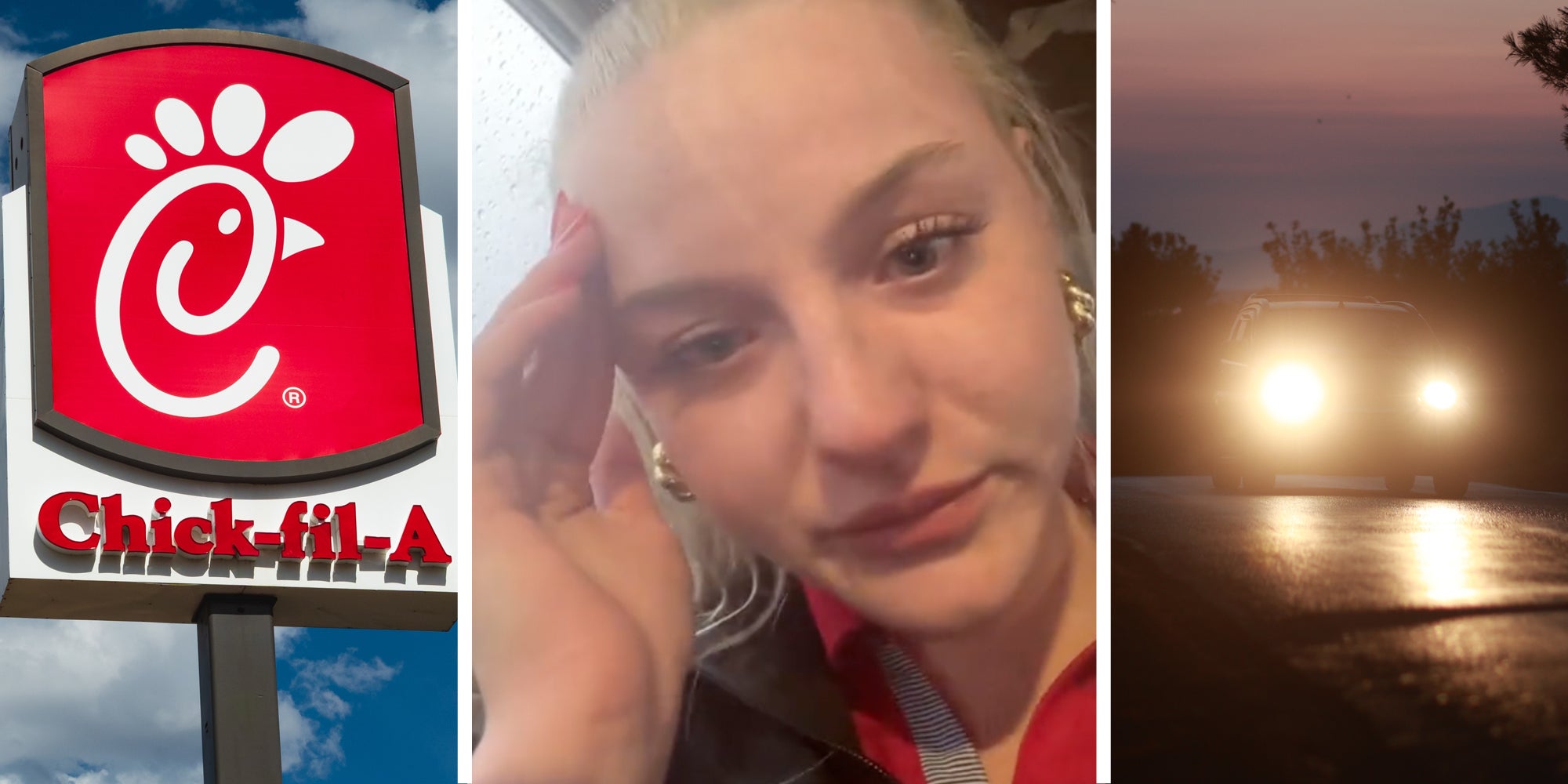 Chick-fil-a sign(l), Woman talking(c), Car with headlights on driving as it's getting dark(r)