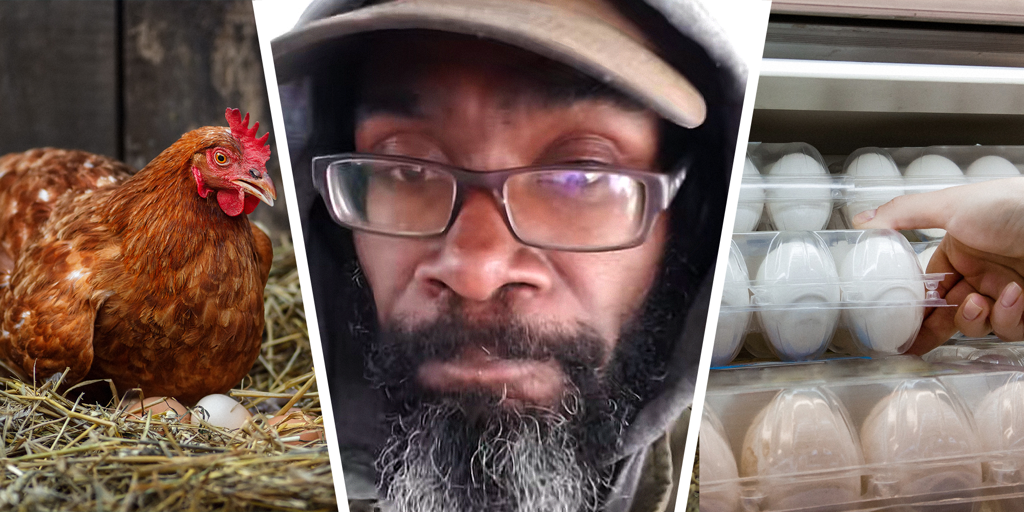Split image. Hen sitting on eggs on left. Chicken farmer in center. Hand reaching out grabbing container of eggs at super market on right.