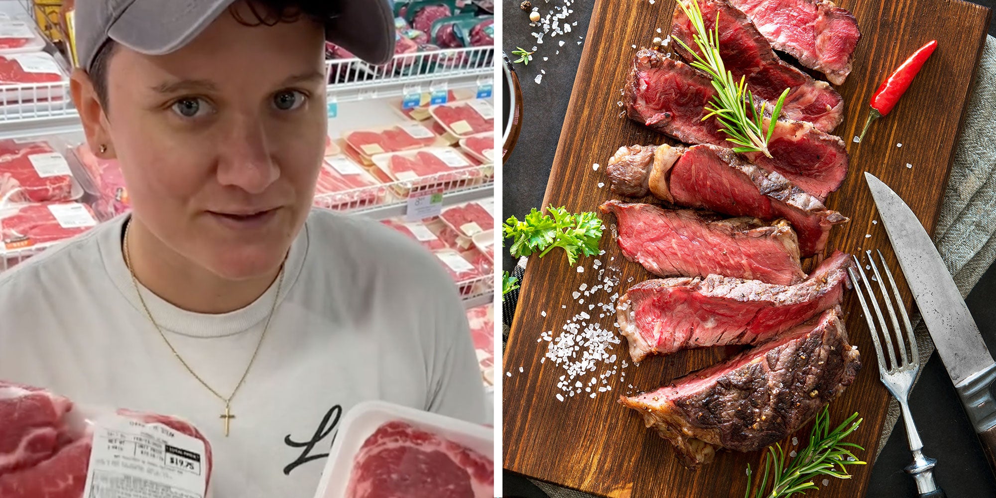 Screenshot of Tiktok user @abbyinthegalley; photo of a sliced Ribeye Steak.