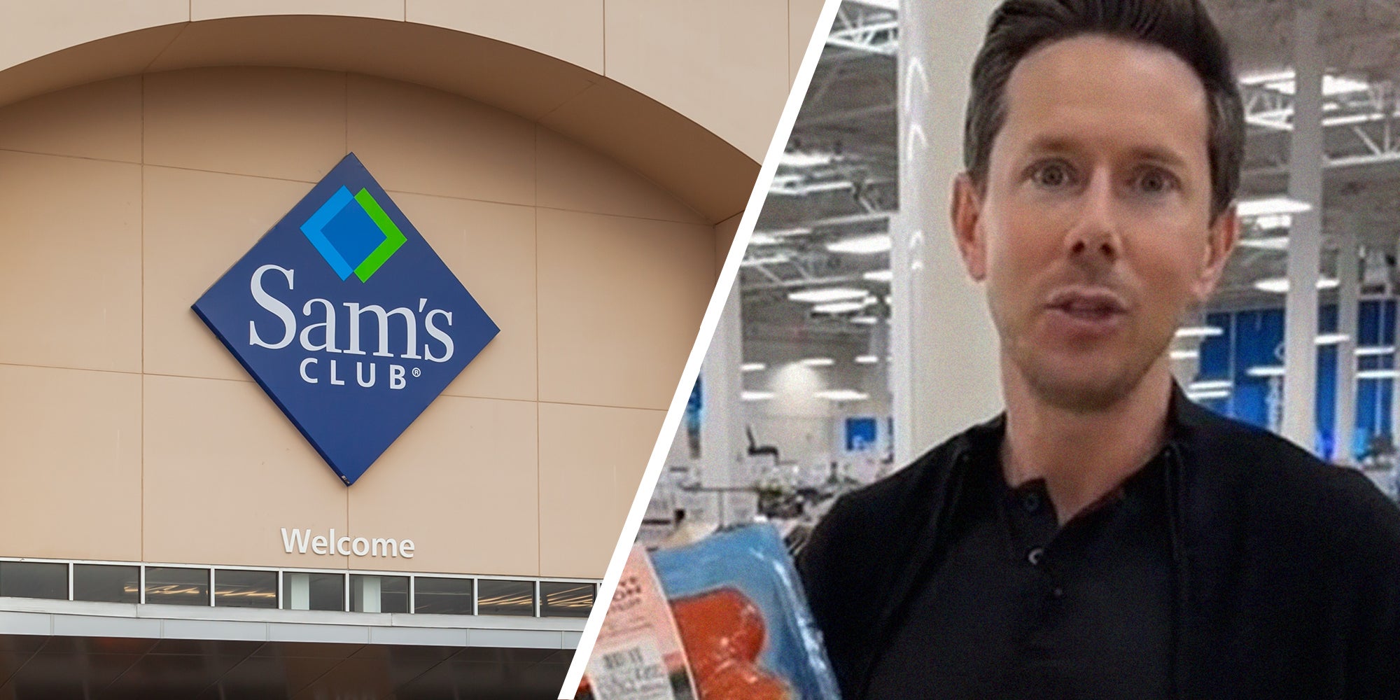 Sam's club logo on building(l) Man shares reasons for color in salmon(r)