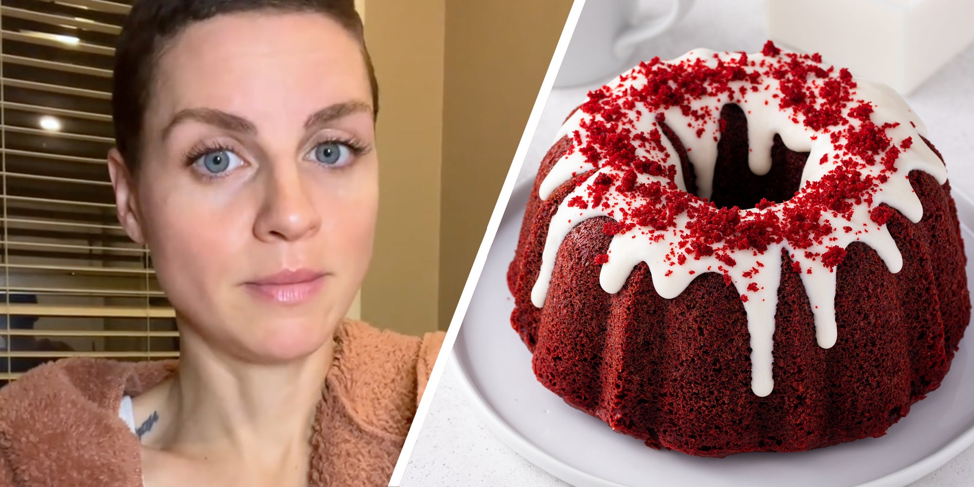 Woman talking(l), Red Velvet Bundt cake(r)