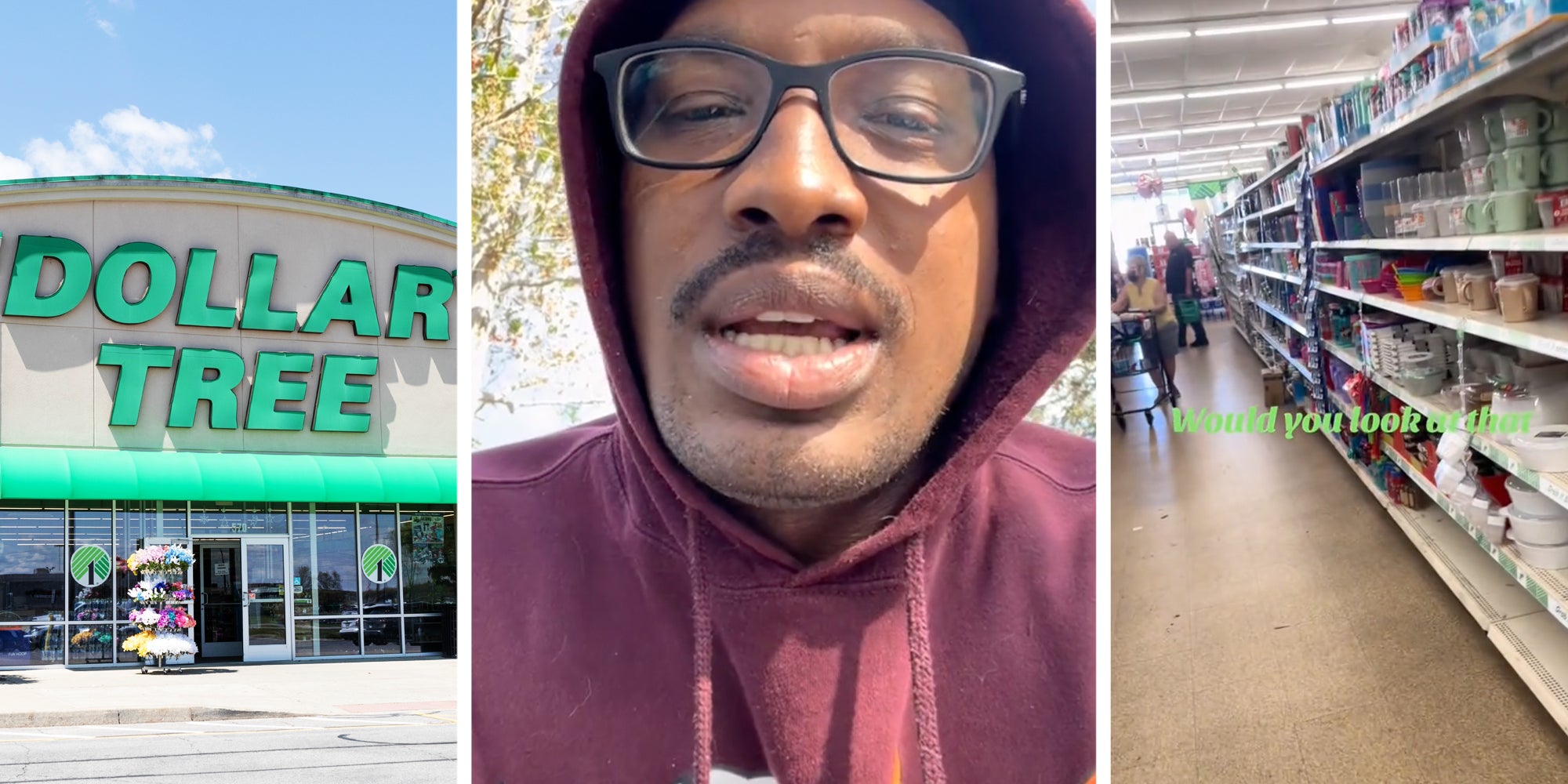 Dollar Tree store(l), Man talking(c), Inside Dollar Tree aisle(r)