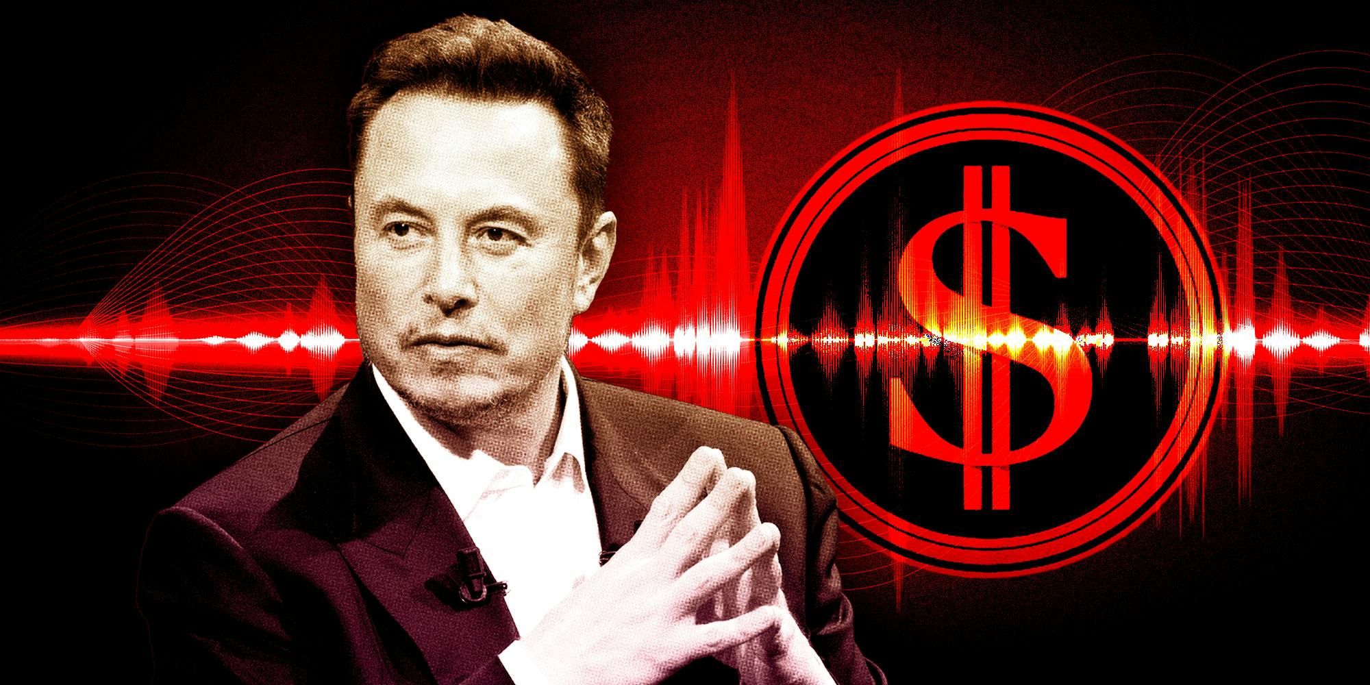 Photo of Elon Musk in front of a red sound wave and the DOGE symbol.