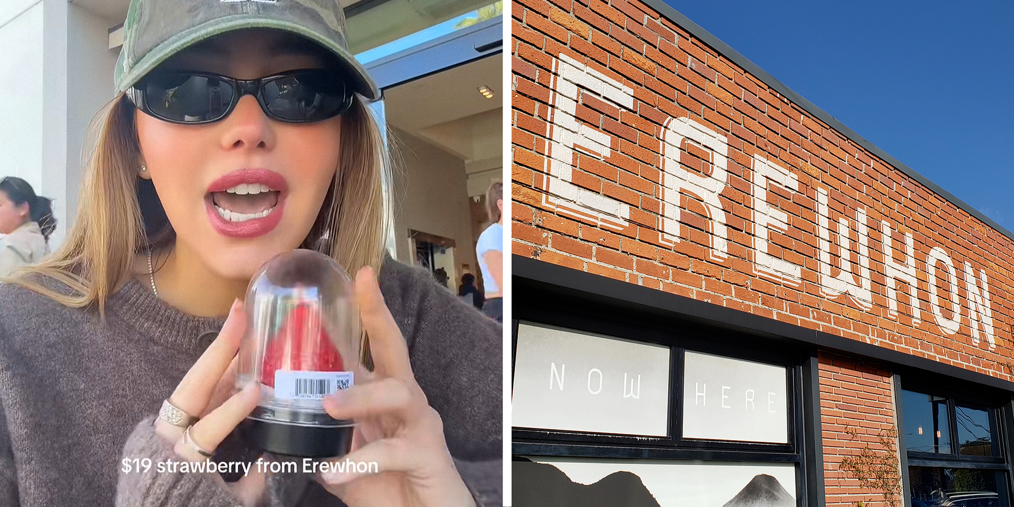 Woman holding single strawberry in case with text that reads: '$19 strawberry from Erewhon' on left. Erewhon store logo on right.