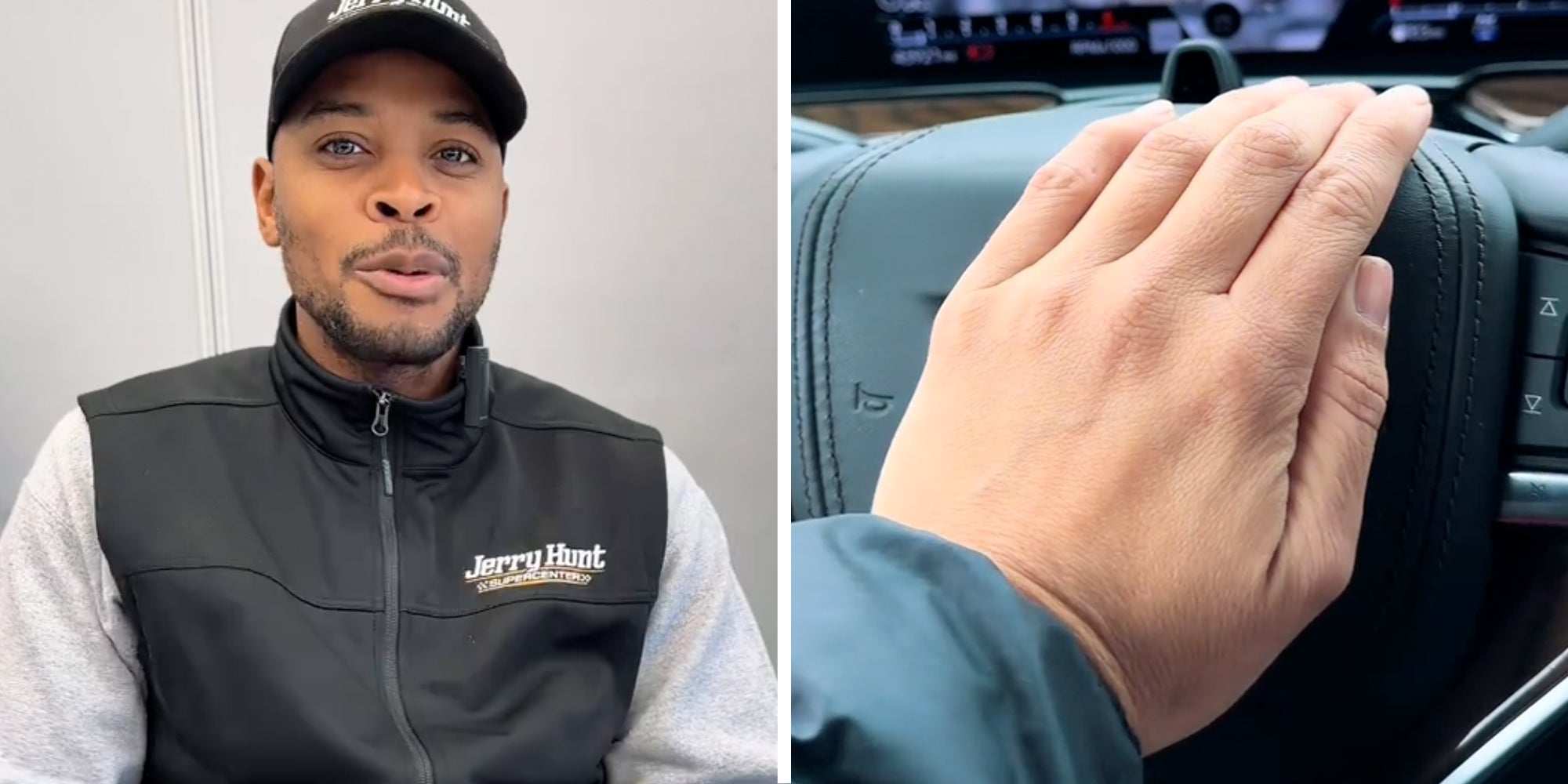 Man talking(l), hand on wheel(r)