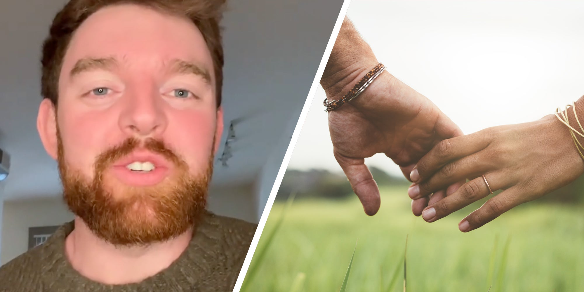 Man talking(l), Hands touching(r)