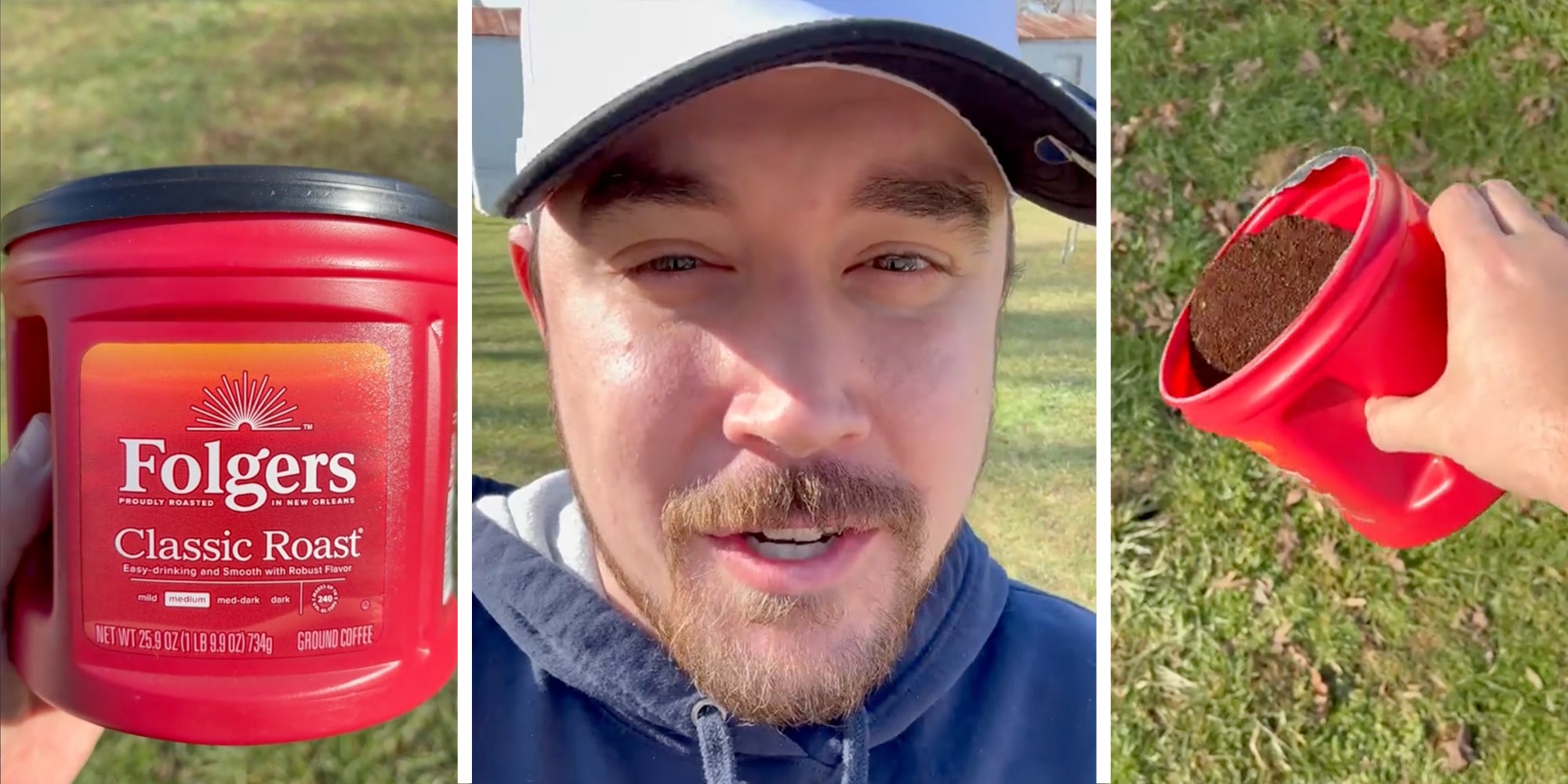 Folgers Coffee container(l), Man talking(c), Hand sprinkling coffee from container(r)