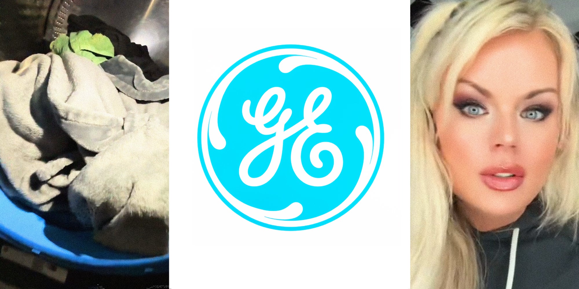 3 panel image: on the left is a view inside the appliance, in the middle is the General Electric logo, and on the right a person explains.