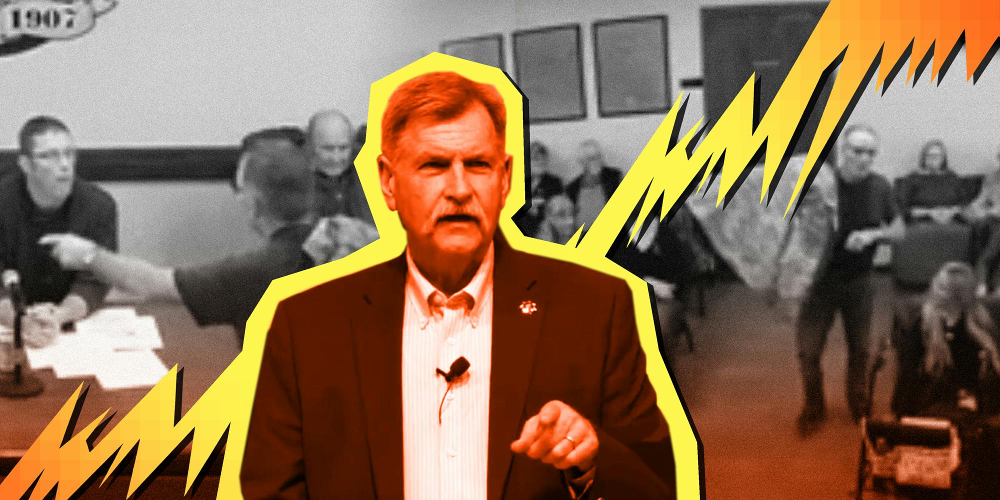 Photo collage illustration showing Sheriff John Wheeler speaking at a convention and in the background scenes from a Bonner County meeting. A bold yellow lightning bolt cuts across the image.