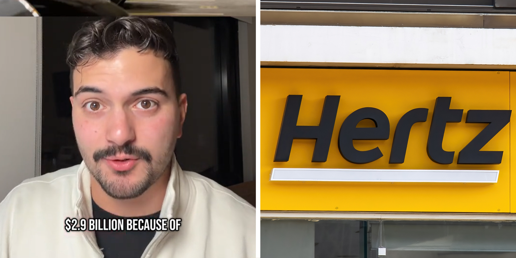 Split Image. Person on left, explaining Hertz marketing problem. Logo of Hertz on right.