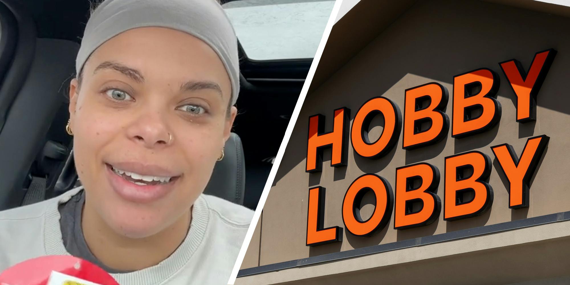 Woman talking(l), Hobby Lobby store(r)