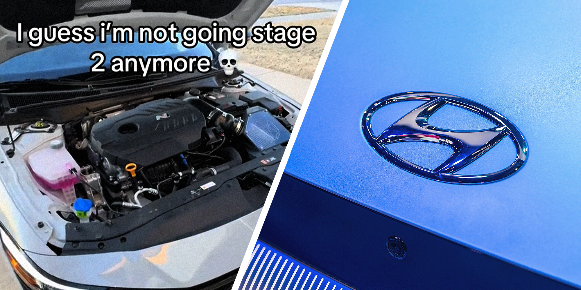 Slant split image, TikTok screengrab with text: "I guess I'm not going stage 2 anymore" on the left. Image of Hyundai logo on a car on the right.