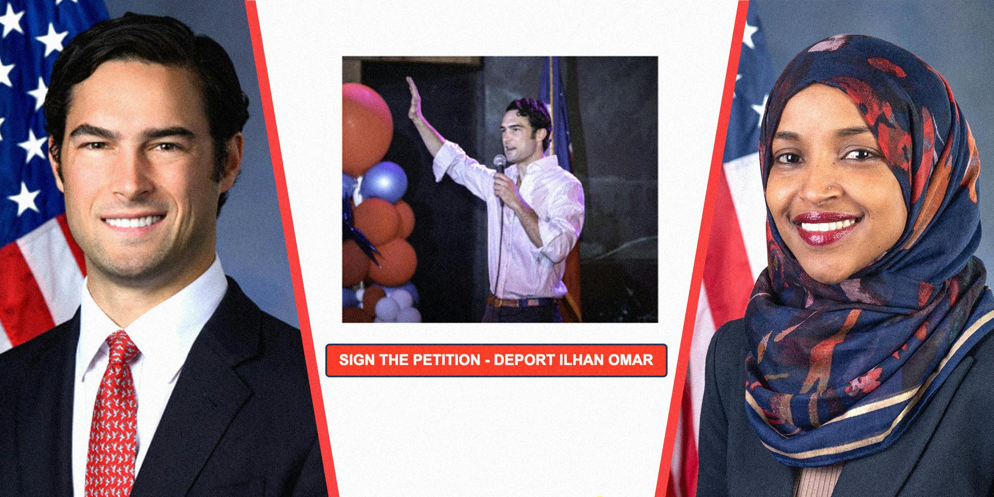 Three panel image. On the left, the official portrait of Representative Brandon Gill. On the right, the official portrait of Representative Ilhan Omar. In the center, a photo of Representative Gill holding a microphone and raising his arm in front of an American flag and red, white, and blue balloons. Below it, a button reads "Sign the petition - Deport Ilhan Omar."