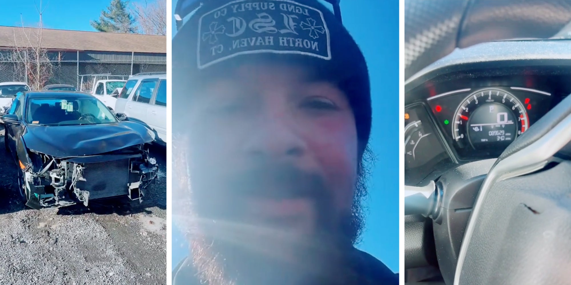 Wrecked car(l), Man talking(c), Interior car(r)