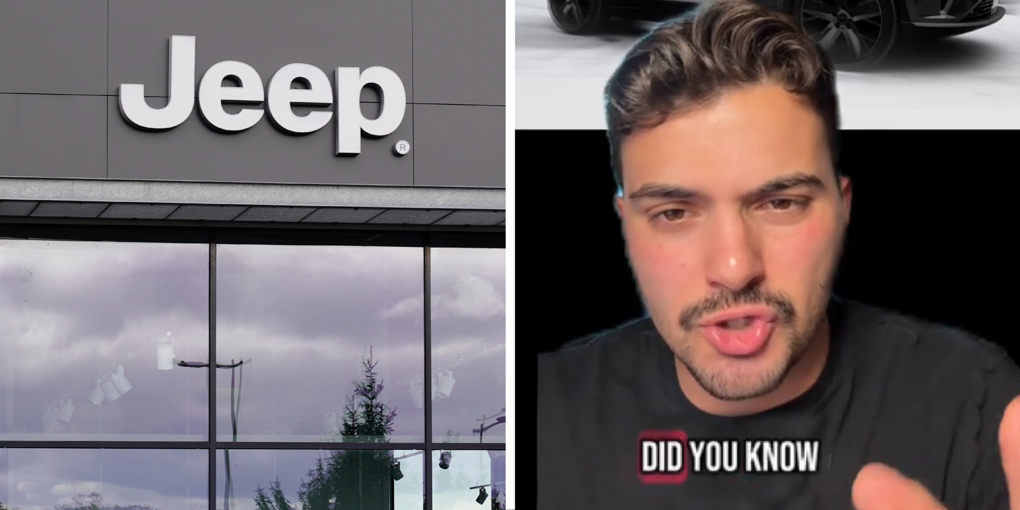 2 panel image: on the left a Jeep car dealership and on the right a person explains.