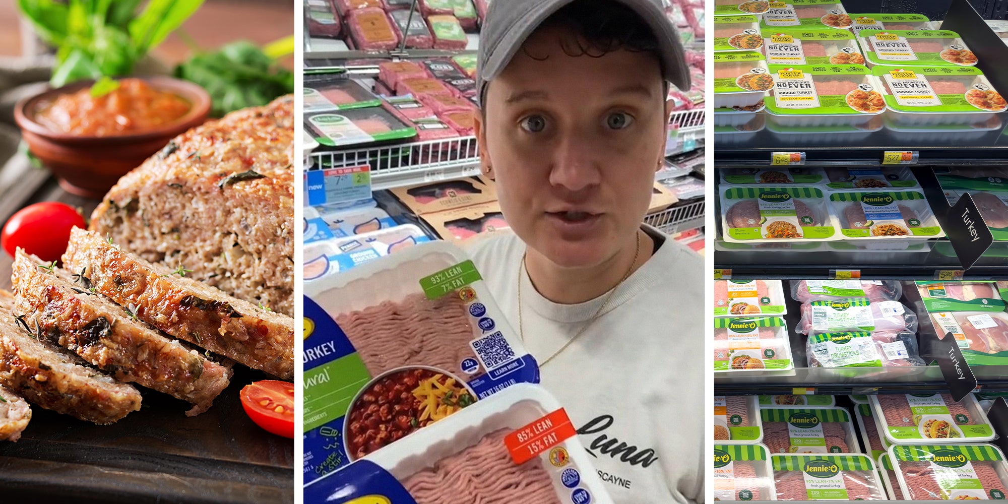 homemade ground baked turkey meatloaf on wooden table(l) Woman holding up two types of ground beef while at store(c) Pile of Ground meat at store(r)