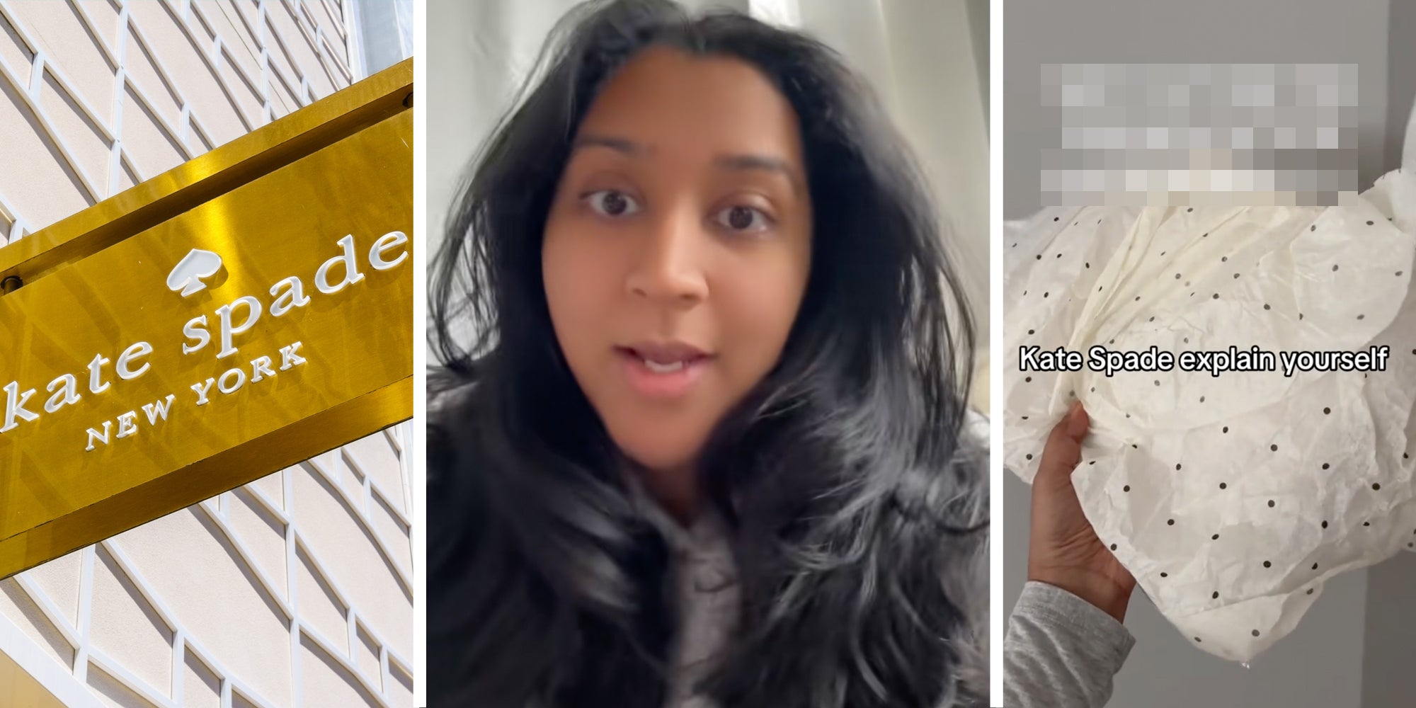 Kate Spade sign(l), Woman talking(c), Hand holding covered bag with text 'kate spade explain yourself'(r)