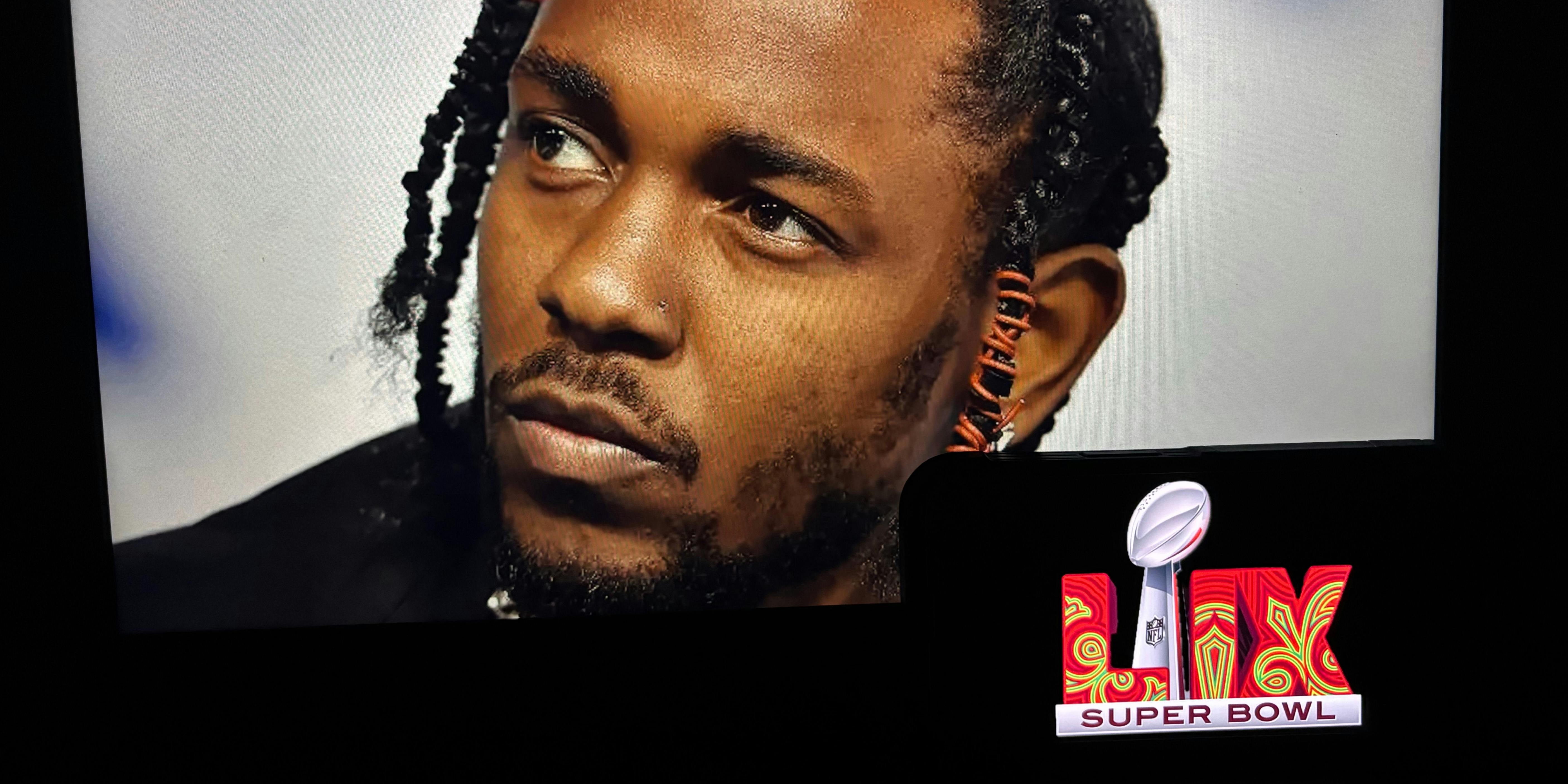 Kendrick Lamar next to a Super Bowl logo.