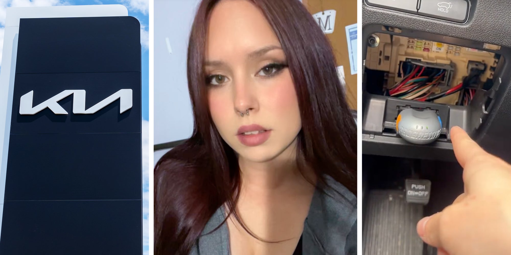 Kia sign(L), Woman talking(c), Finger pointing to inside car(R)