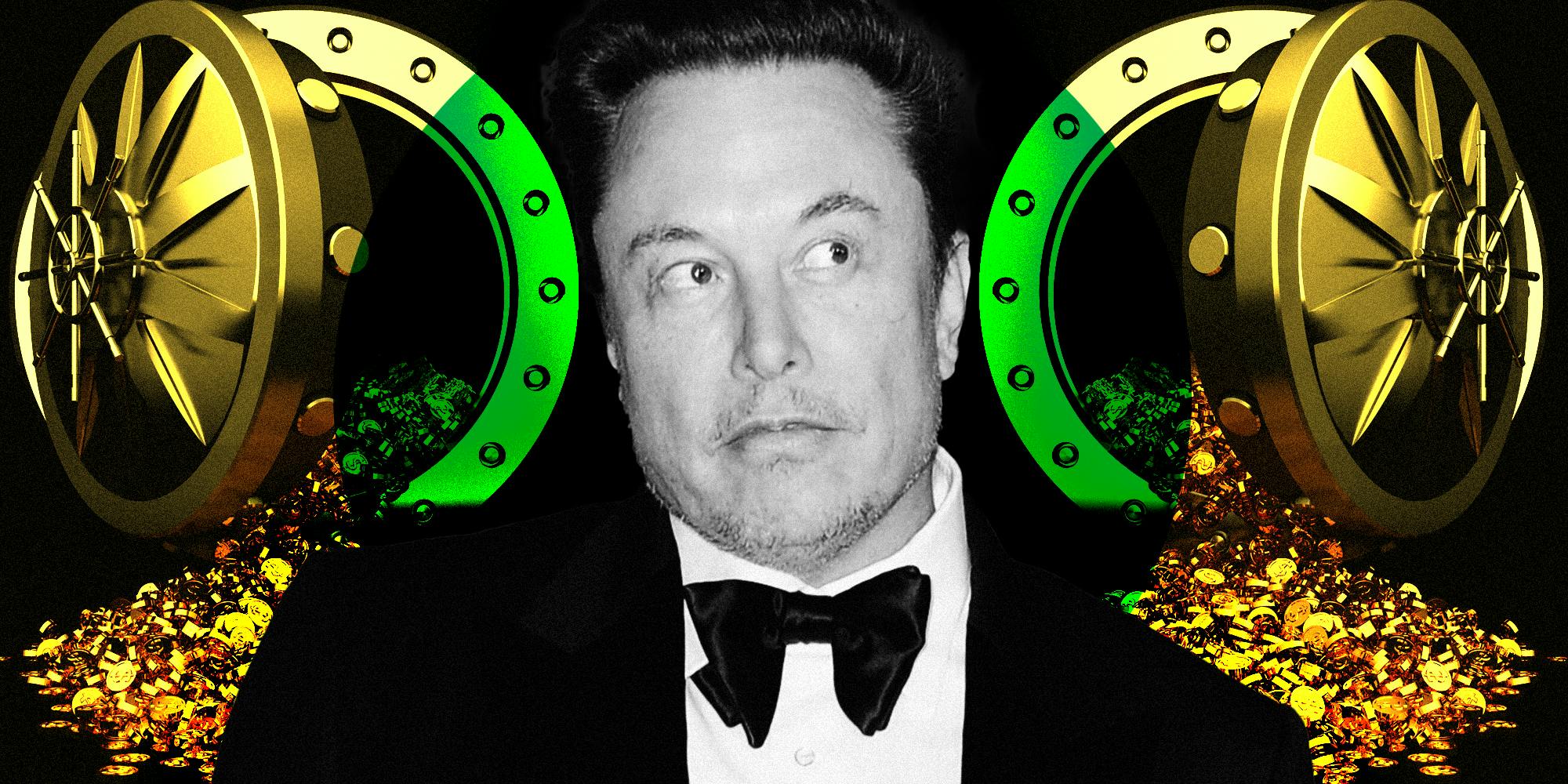 Elon Musk over money vaults of coins pouring out