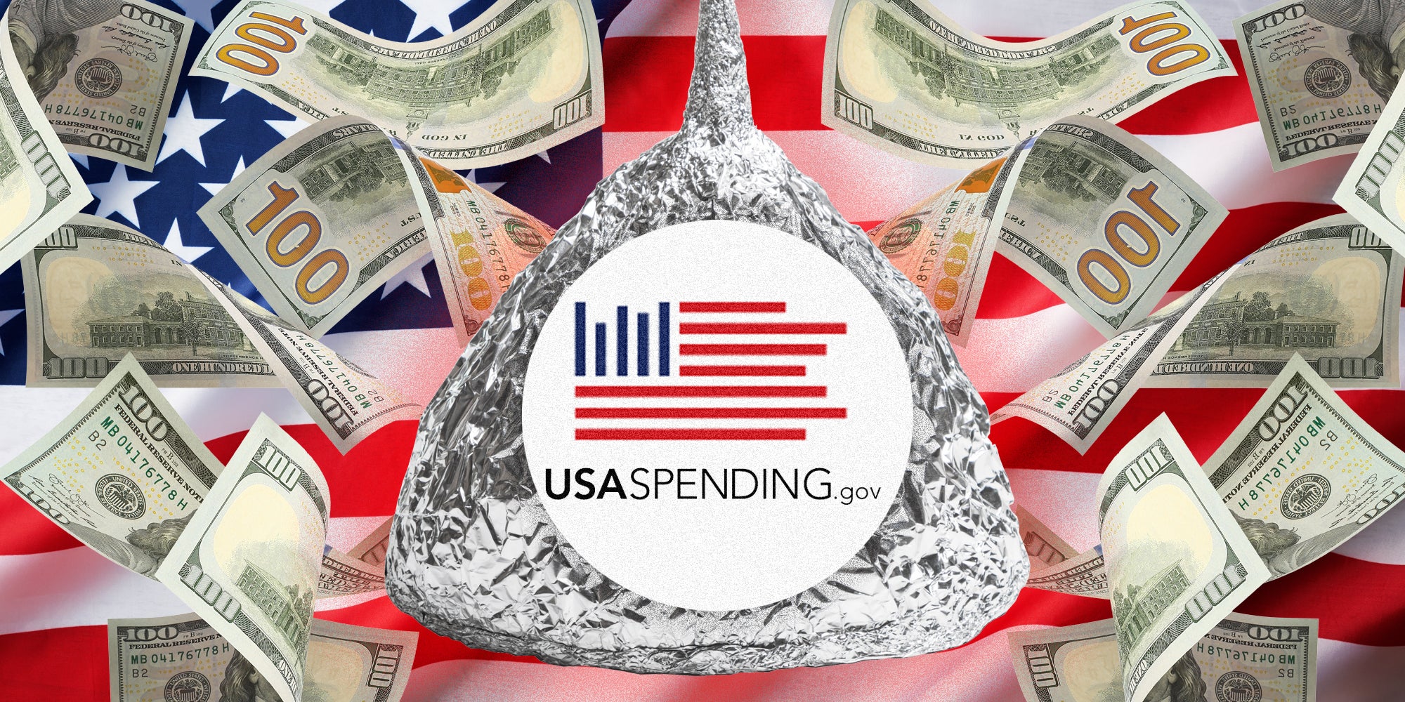Tinfoil hat with USASpending.gov logo and money over us flag