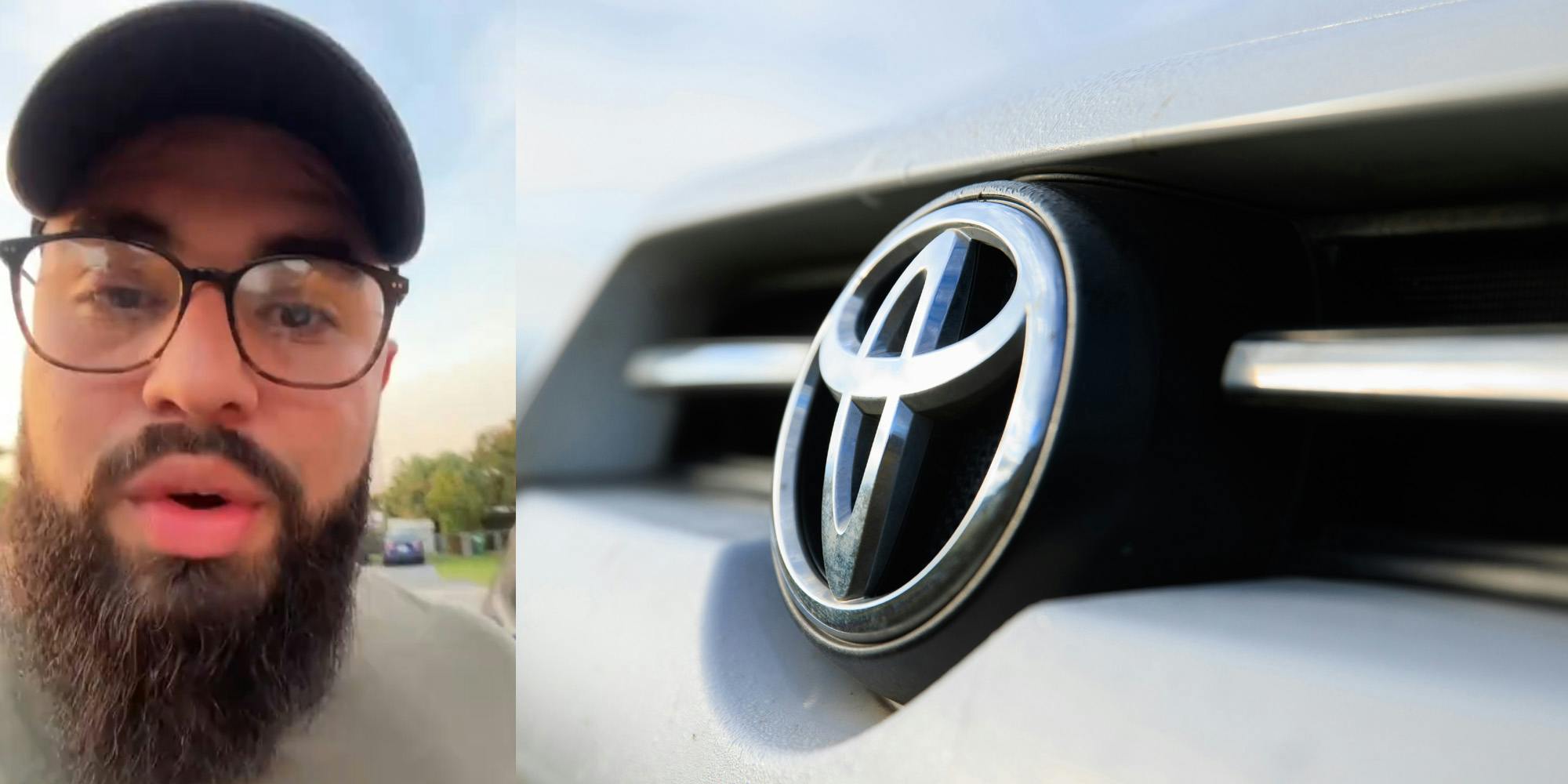 A person talking to the camera next to a Toyota symbol on a car.