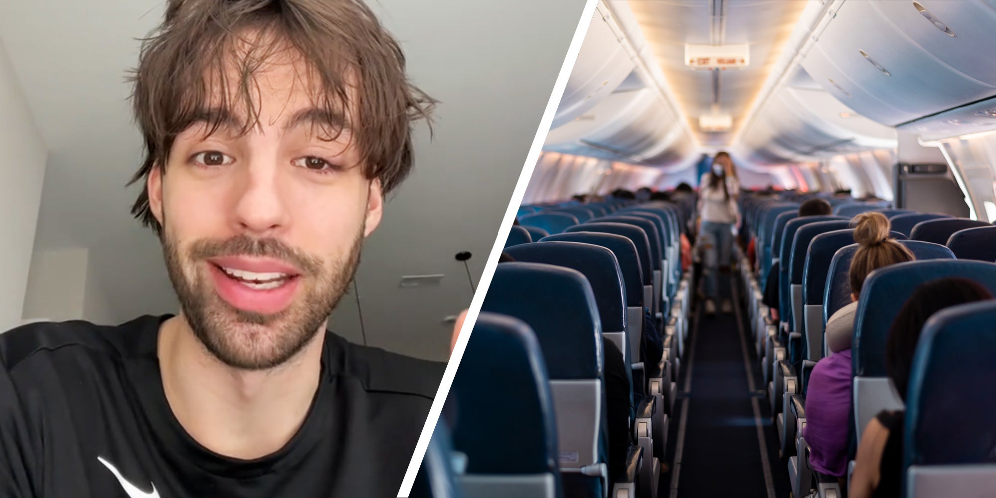 Man talking(l), Airplane interior(r)