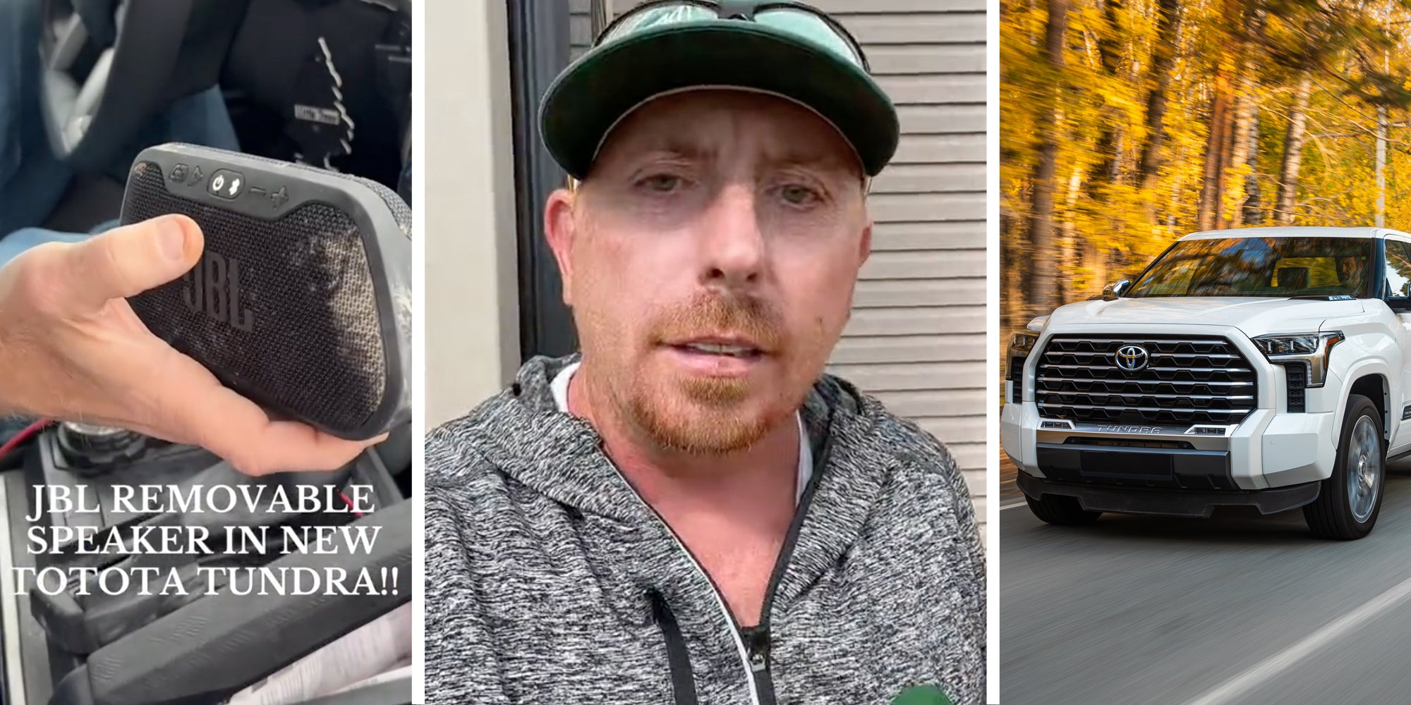 Hand holding speaker(l), Man talking(c), Toyota Tundra on road(r)