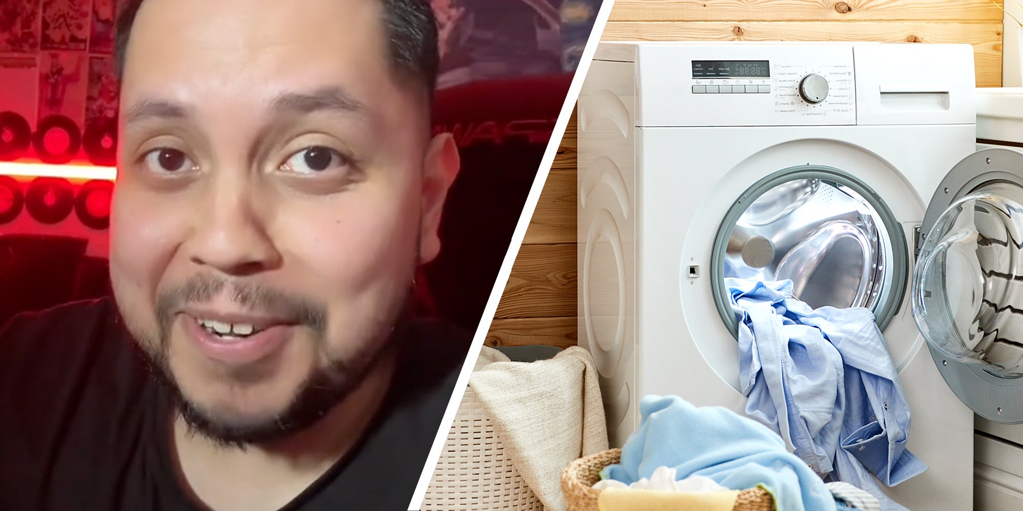 Man takling(l), Laundry coming out of dryer(r)