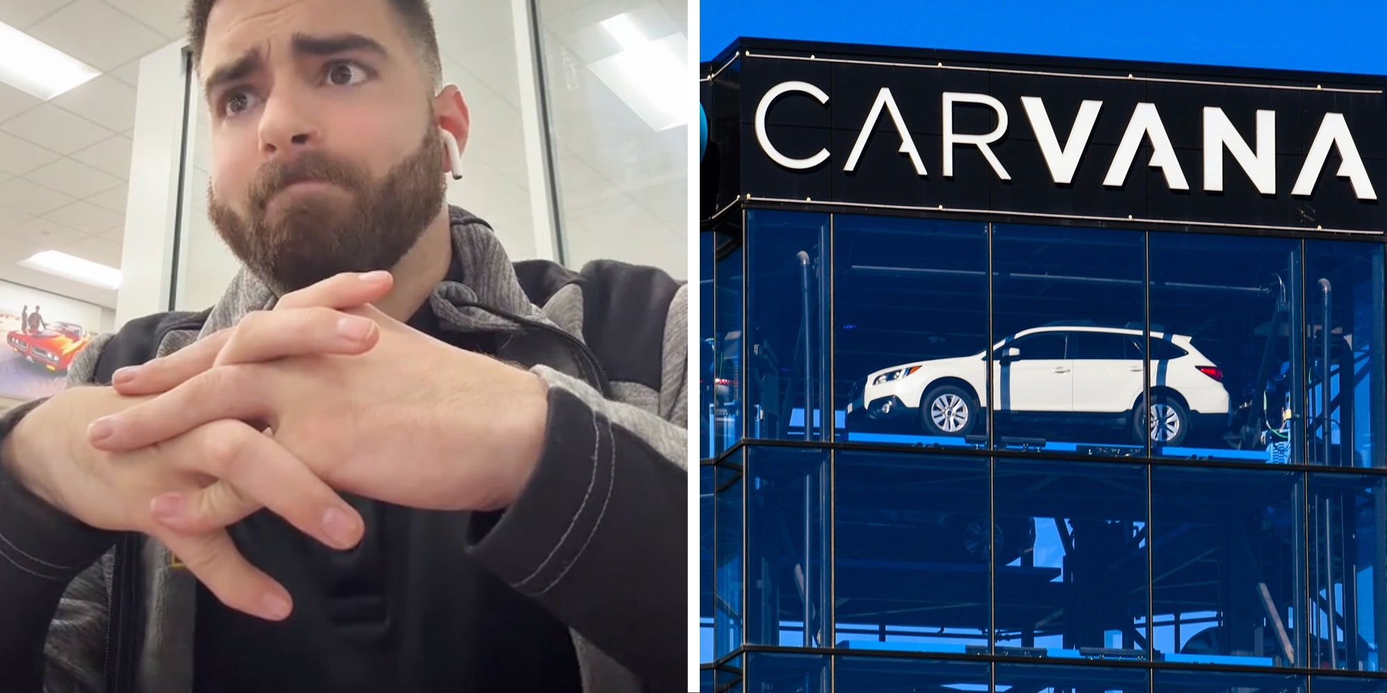 Man talking(l), Carvana building(r)