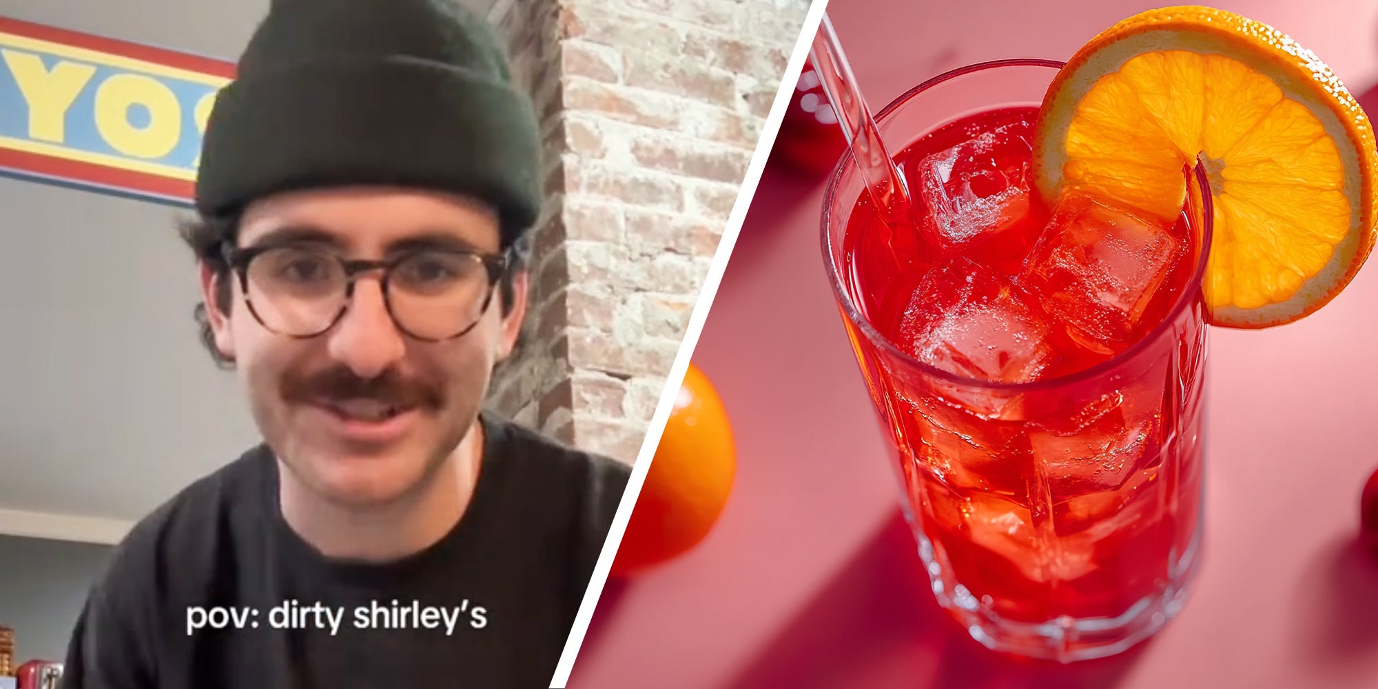 Man talking with text 'pov: dirty shirley's'(l), Shirley temple(r)