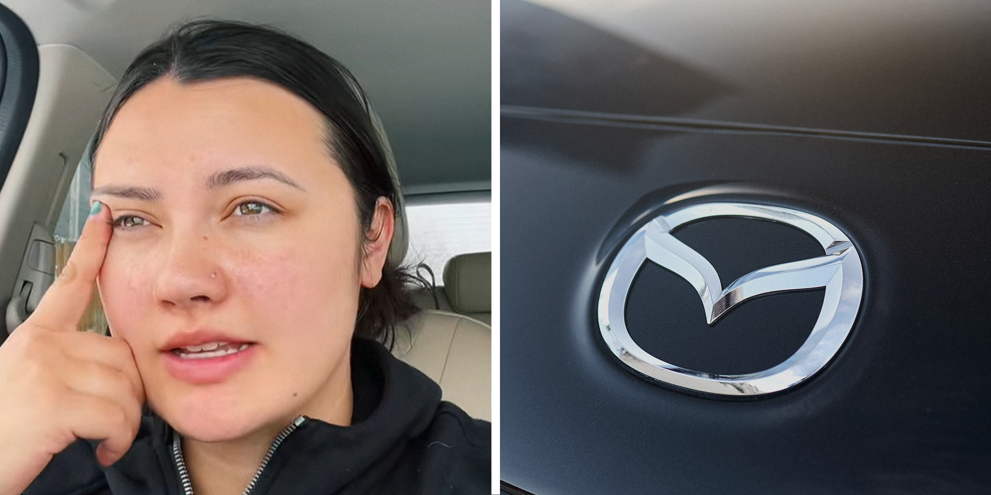 Split Image. Mother talking about her experiences with the Mazda CX5 on the left. Mazda logo on a car on the right.