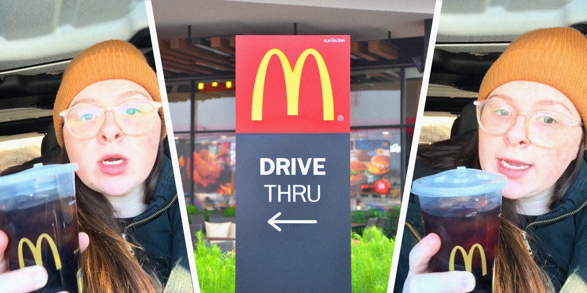 3 panel image: on the sides a person explains, and in the middle is a McDonald's drive thru sign.