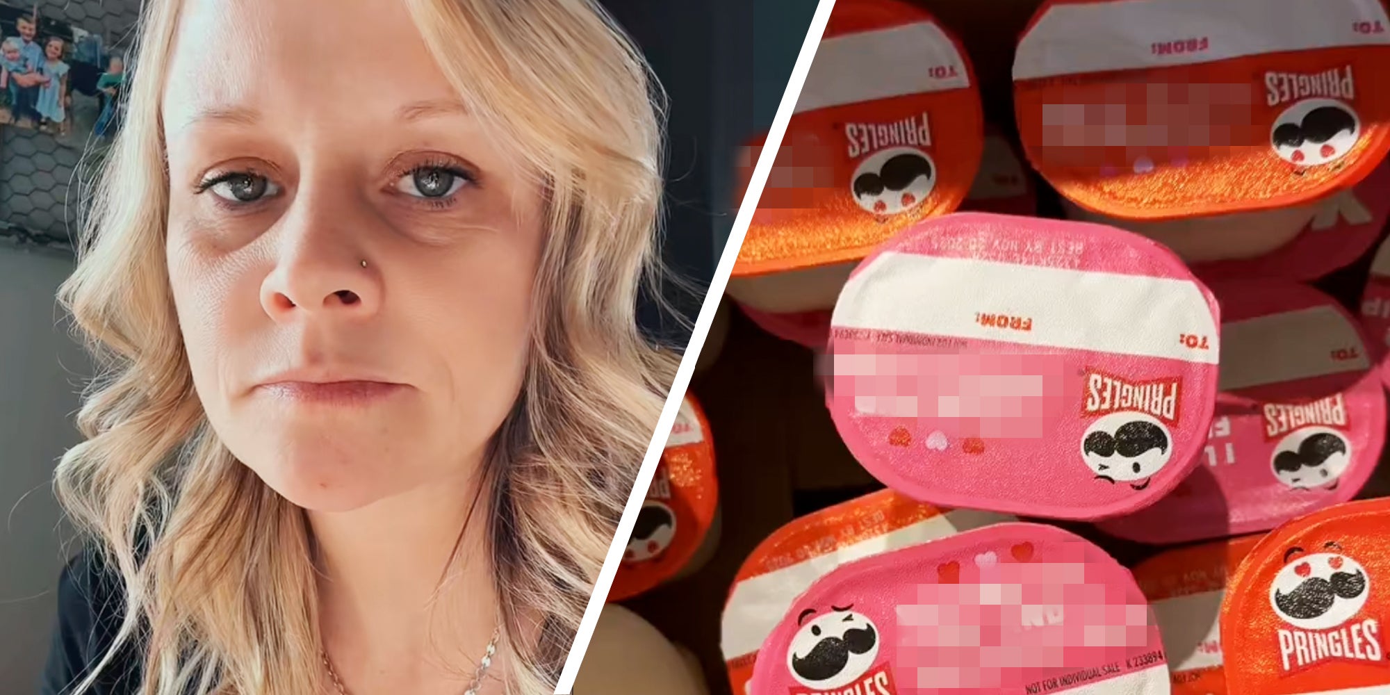 Woman talking(l), Pringles Valentines stacks with blurred out phrases(r)
